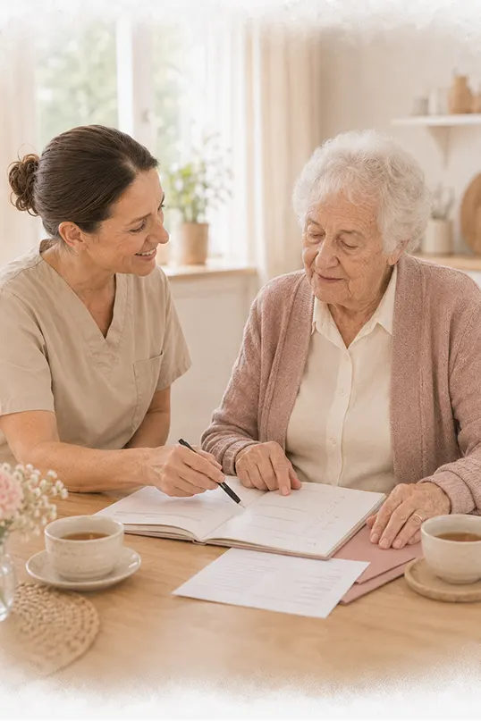 Pflegegrad 3 – Seniorin füllt ein Dokument aus zur Höherstufung von Pflegegrad 3 zu 4 – Amor Pflegedienst