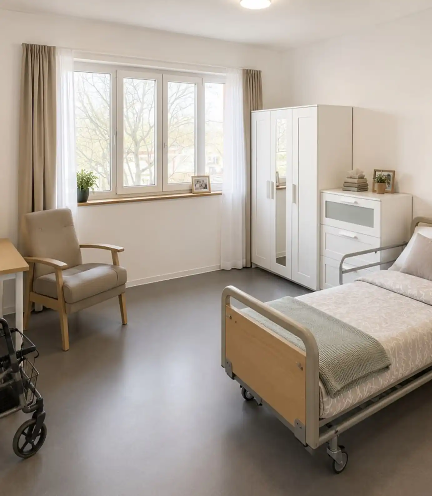 Senioren-WG Rudow: barrierefreies Bewohnerzimmer mit Pflegebett, Rollator und Kleiderschrank der Wohngemeinschaft von Amor Pflegedienst