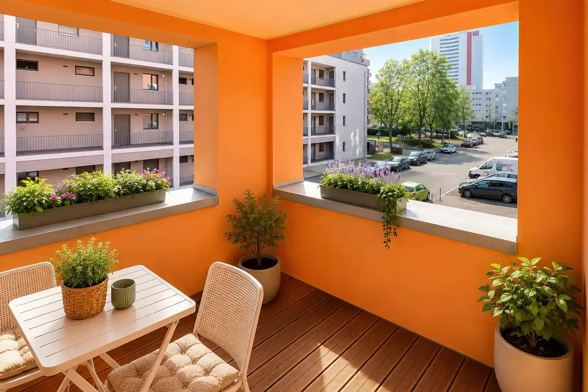 Senioren-WG Rudow: sonniger Balkon mit Sitzecke und Blumenkästen der Wohngemeinschaft von Amor Pflegedienst