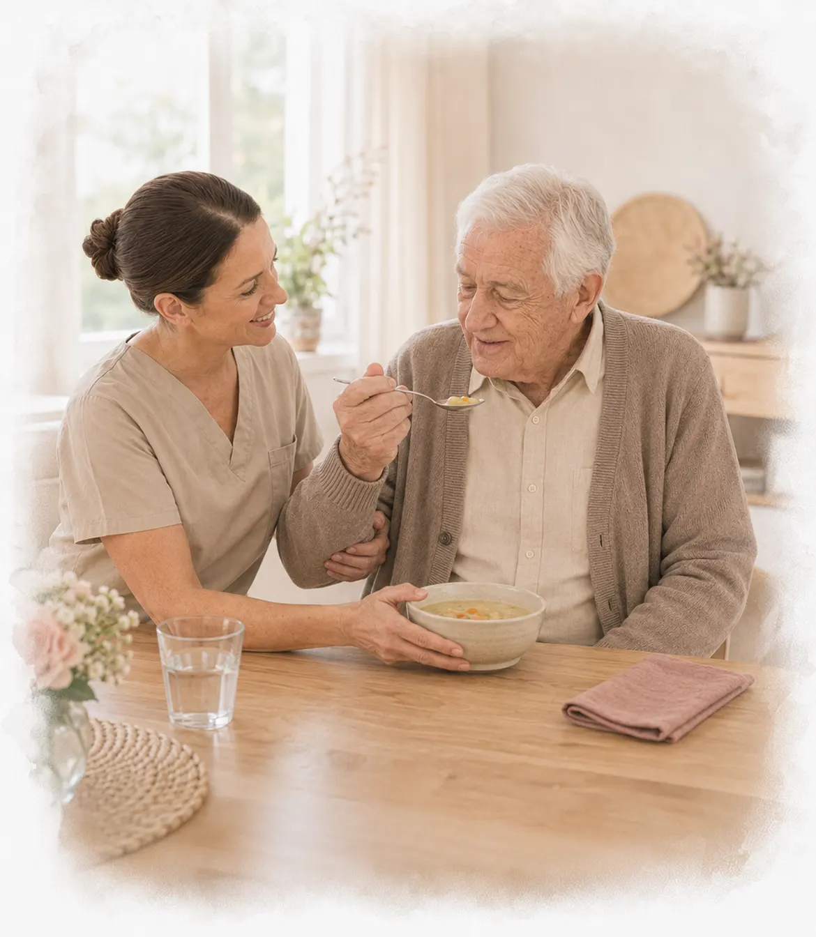 Pflegegrad 3 - Pflegekraft hilft Senior beim Essen und bei der täglichen Versorgung - Amor Pflegedienst Berlin
