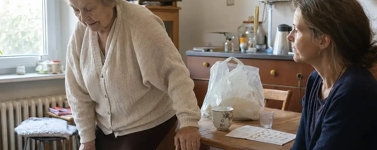 Ältere Frau stützt sich beim Aufstehen in einer Berliner Küche am Tisch ab, während ihre Tochter aufmerksam neben ihr sitzt.