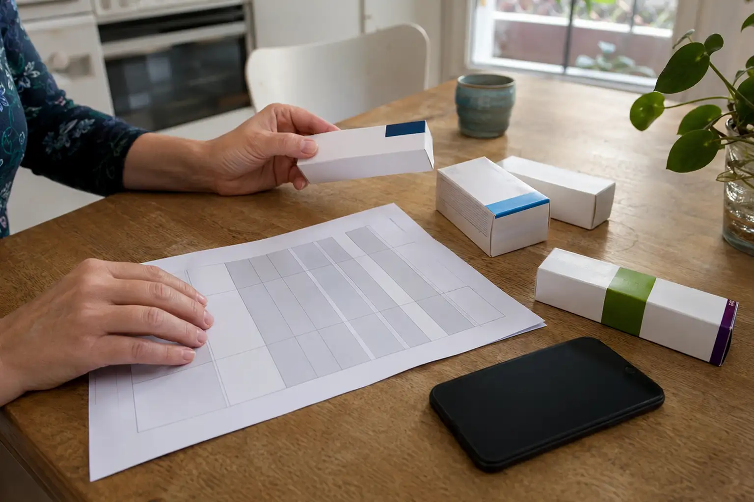 Krankenhausentlassung Checkliste - Angehörige gleicht Medikamentenpackungen mit dem Medikationsplan am Küchentisch ab - Amor Pflegedienst
