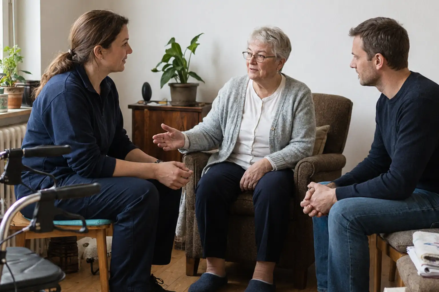 Krankenhausentlassung Checkliste - Pflegekraft bespricht mit älterer Patientin und ihrem Sohn die häusliche Versorgung - Amor Pflegedienst