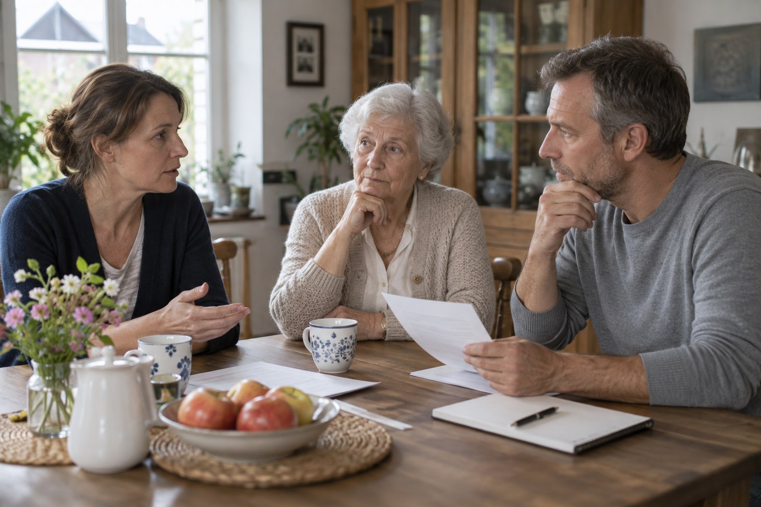 Hilfe für pflegende Angehörige - Tochter, Sohn und ältere Mutter besprechen am Esstisch die Aufgaben für einen gemeinsamen Wochenplan - Amor Pflegedienst