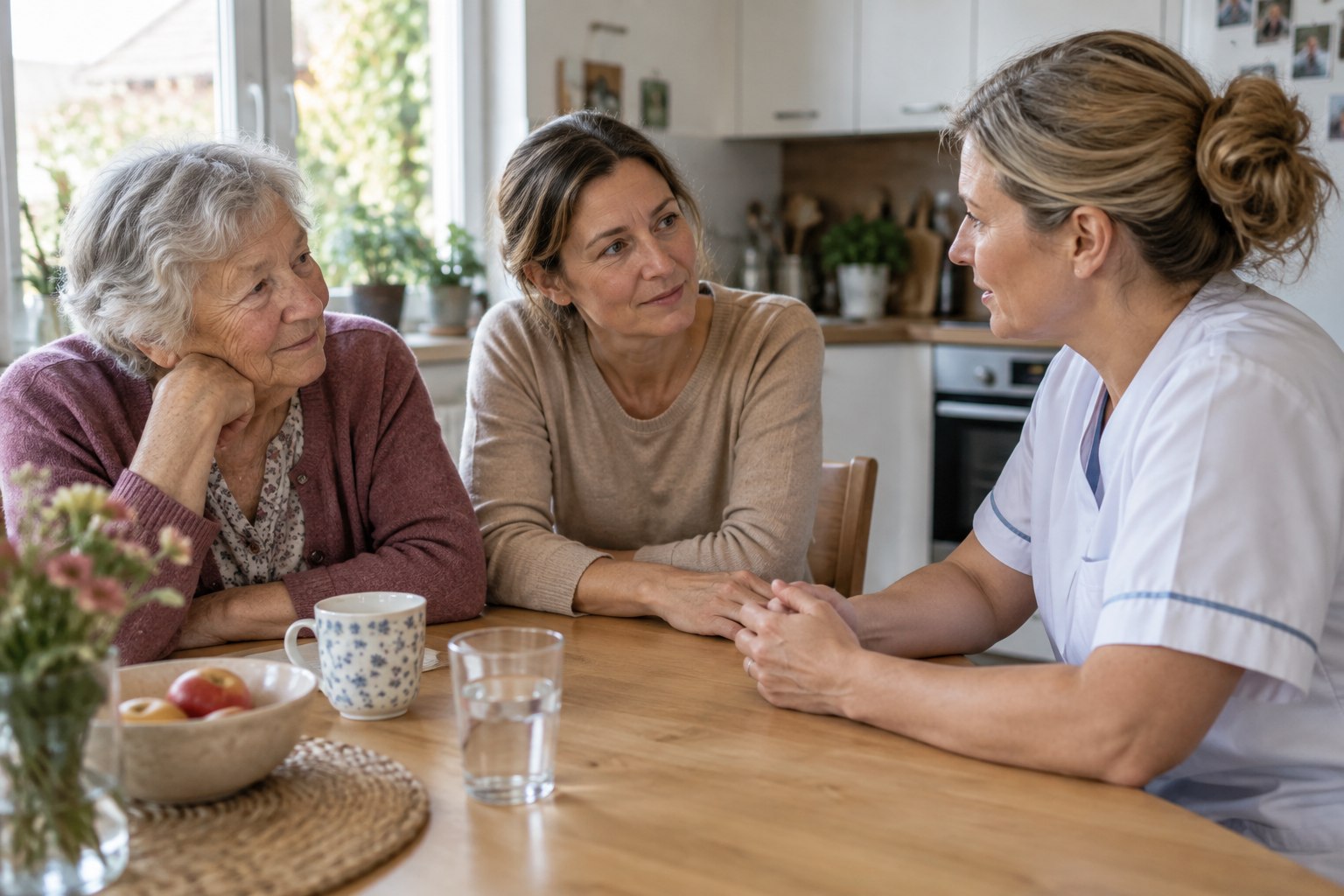Hilfe für pflegende Angehörige – Pflegekraft berät eine Seniorin und ihre Angehörige zu Unterstützungsmöglichkeiten – Amor Pflegedienst