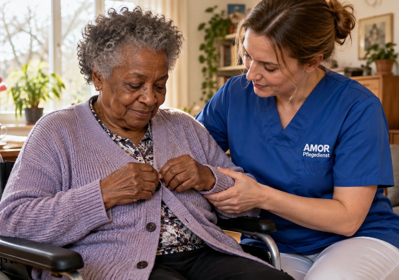Pflegeleistungen - Eine Pflegekraft unterstützt die Hand einer Seniorin beim Schließen einer Strickjacke. AMOR Pflegedienst