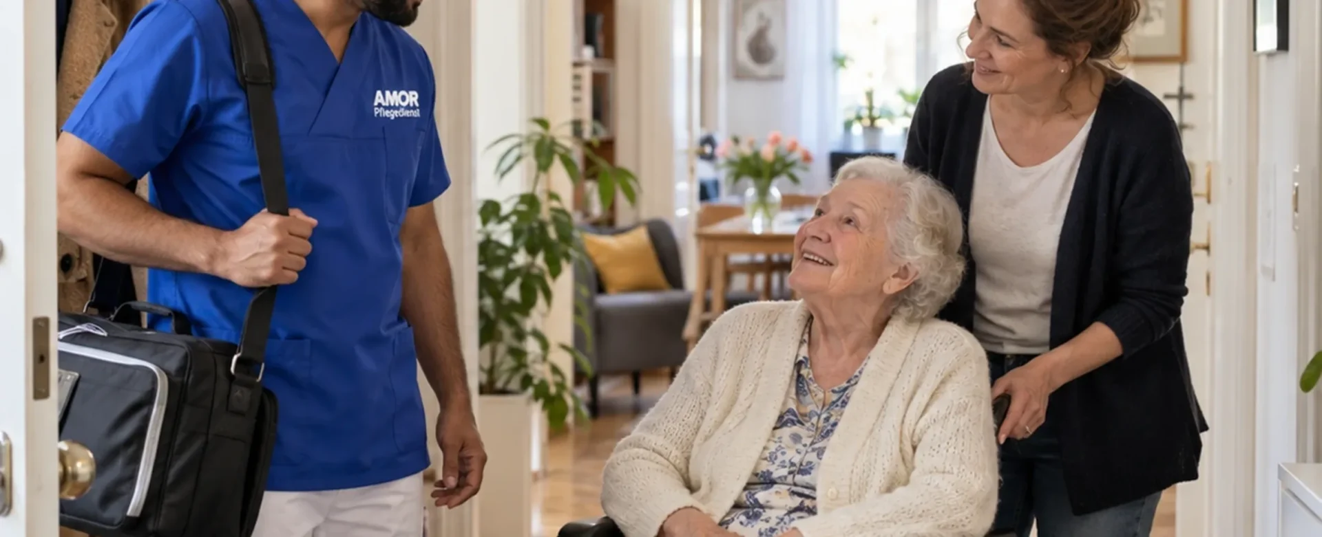 Ambulante Pflege in Berlin - Pflegekraft kommt zum vereinbarten Hausbesuch - Amor Pflegedienst