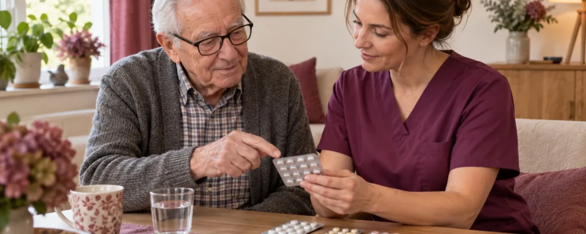 Medikamentengabe durch den Pflegedienst - älterer Mann und Pflegekraft besprechen verpackte Medikamente am Tisch - Amor Pflegedienst