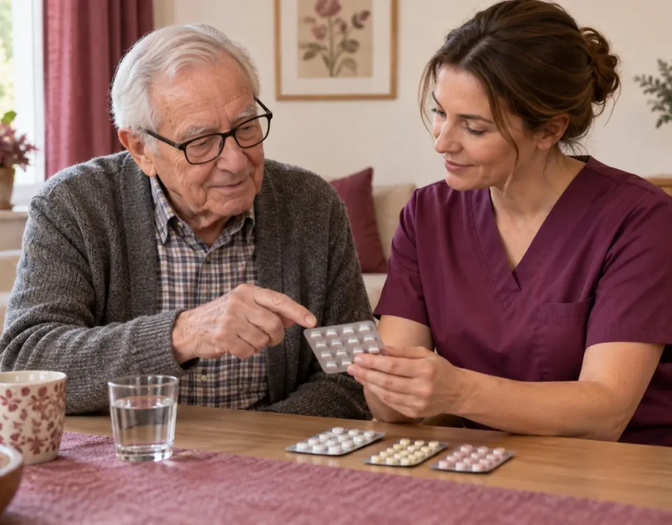 Medikamentengabe durch den Pflegedienst - älterer Mann und Pflegekraft besprechen verpackte Medikamente am Tisch - Amor Pflegedienst