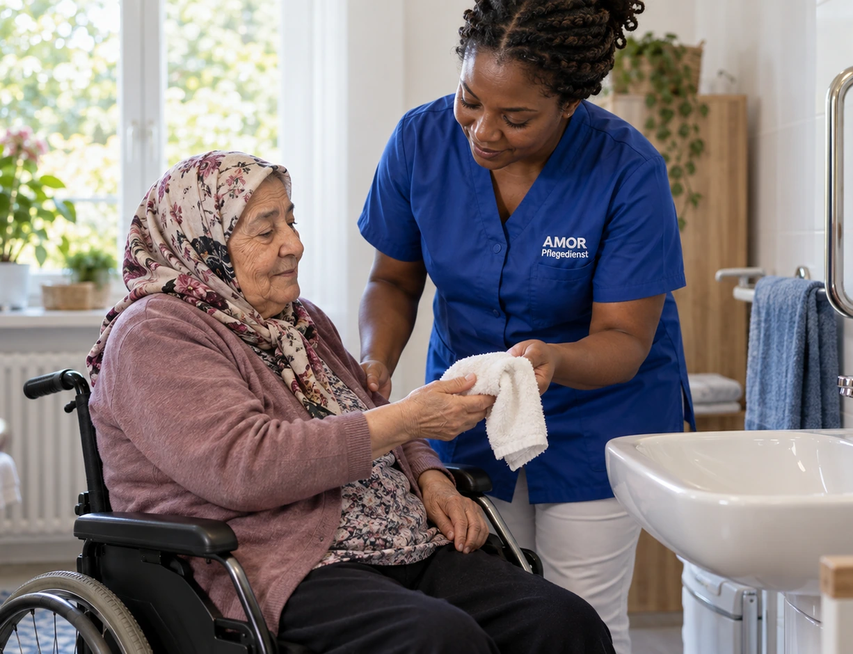 Grundpflege - Eine Pflegekraft reicht einer Seniorin im Rollstuhl einen feuchten Waschlappen. AMOR Pflegedienst