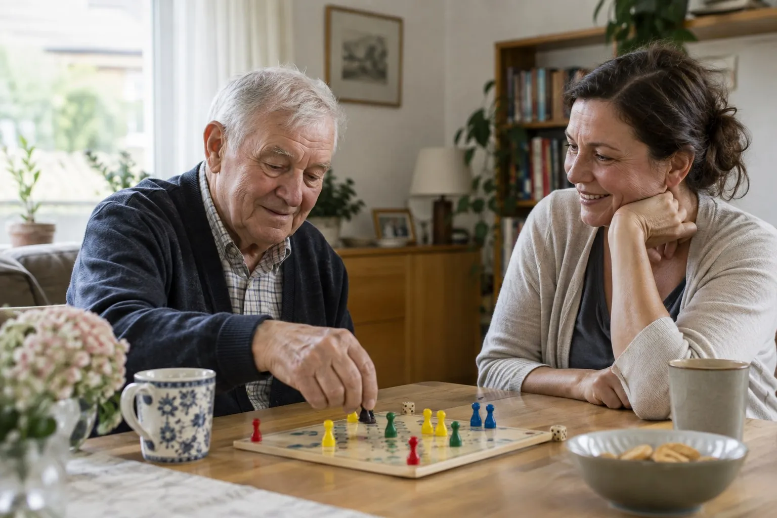 Seniorenbetreuung zu Hause - älterer Mann und Begleitperson spielen gemeinsam ein Brettspiel - Amor Pflegedienst